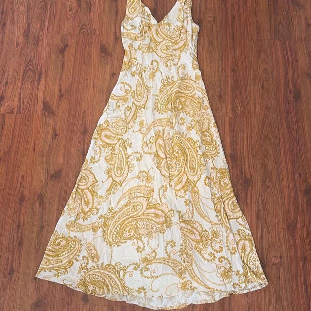 Paper Heart Anthropologie linen blend mustard, paisley, V-neck, sleeveless dress